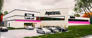 An artist rendering of the new Odd Burger manufacturing facility to be built in London. Image courtesy of Odd Burger. 