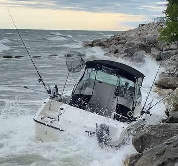 The boat belonging to a missing Port Burwell fisherman was found on the Ohio shoreline, August 11, 2022. Photo courtesy of Madison Township police via Twitter.