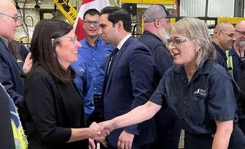 Minister of Federal Economic Development for southern Ontario Filomena Tassi meets with workers at Amino North America Corp, in St. Thomas, January 11, 2024. Photo from FedDevOntario on X.
