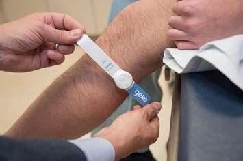 The geko™ device being applied on the leg. Photo courtesy of Lawson Health Research Institute. 
