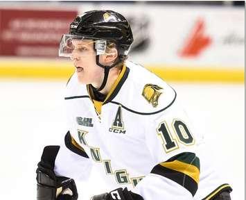Photo of Christian Dvorak of the London Knights by Aaron Bell/OHL Images