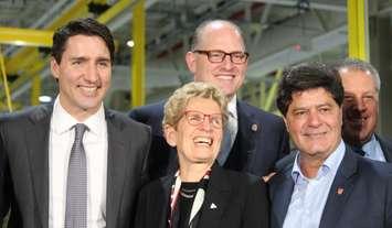Prime Minister Justin Trudeau , Premier Kathleen Wynne, Windsor Mayor Drew Dilkens and Unifor President Jerry Dias at the Essex Engine Plant announcement, March 30, 2017. (Photo by Maureen Revait) 