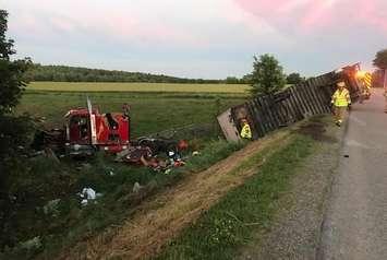 A transport truck in the ditch after colliding with a pickup truck on Crossley-Hunter Line at Dorchester Rd., June 19, 2018. Photo courtesy of Elgin OPP