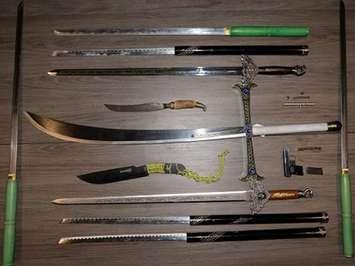 A quantity of swords seized from a London storage unit by St. Thomas police. Photo courtesy of St. Thomas police.