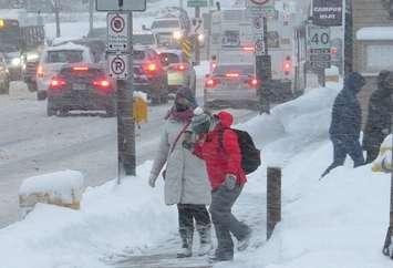 Pedestrians brave the snow. (File photo by Miranda Chant, Blackburn Media)