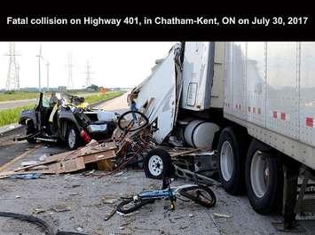 The scene of a fatal crash on the Hwy. 401 near Dillon Rd. July 30, 2017. (Photo courtesy of OPP)