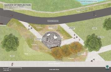 A blueprint of the Garden of Reflection, located in the Hyde Park Village Green. Image via Hyde Park Business Improvement Association. 