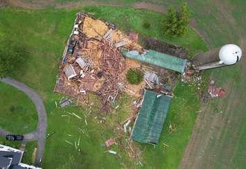 Drone footage of a barn destroyed by a downburst in Ailsa Craig, September 12, 2021. Photo courtesy of the Northern Tornadoes Project.