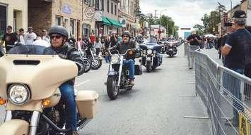 Motorcyclists arrive at Lucan Baconfest. Photo from www.lucanbaconfest.ca. 