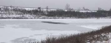 A bystander rescued a man who had fallen through the ice on this pond in northwest London, January 24, 2021. Photo courtesy of the London Fire Department. 