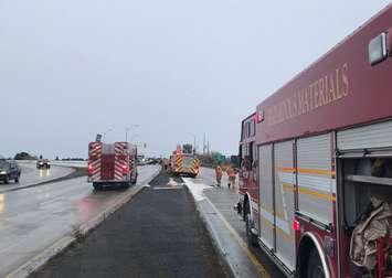 The London Fire Department works to clean up a diesel fuel spill after a crash on Highbury Ave. at Highway 401, November 18, 2019. Photo courtesy of the London Fire Department.