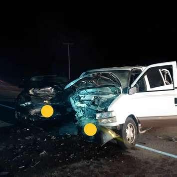 Police are investigating after a serious three-vehicle crash at Highway 3 and Tisdale Road near Delhi, September 11, 2018. (Photo courtesy of the OPP via Twitter)